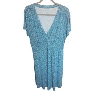 LL Bean Midi Wrap Dress Jersey XL Teal Green Print V-neck Short Sleeve Cottage